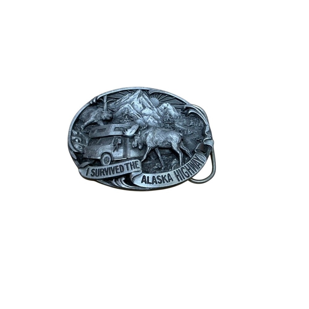 VTG! 1992 J & H Sales I Survived the Alaska Highway Belt Buckle Moose Bear JH166